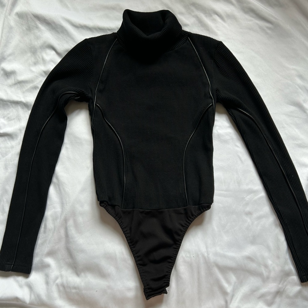 Maniere De Voir Black Ribbed Long Sleeve Turtleneck Bodysuit